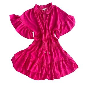 Entro Womens L Pink Short Sleeve Keyhole Tiered Ruffle Smocked Mini Dress D18561